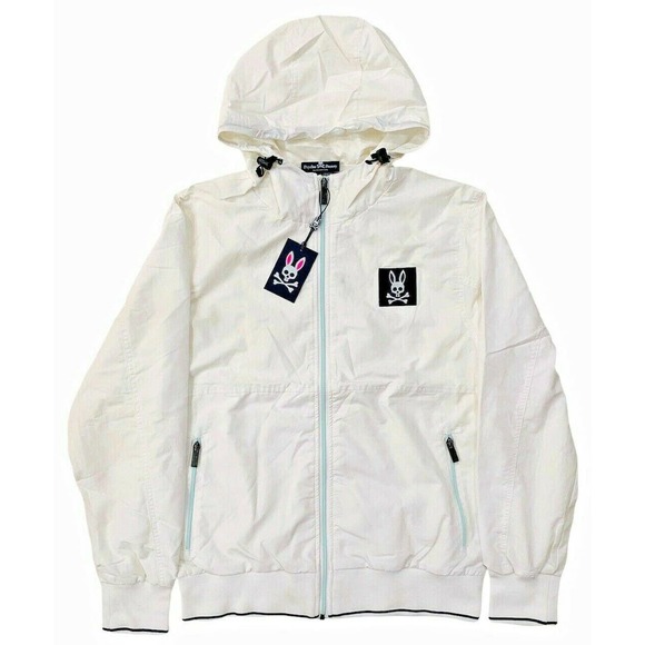 Psycho Bunny Men's Embroidered Logo Daniel Hooded Nylon Blend Jacket - White - Picture 1 of 2